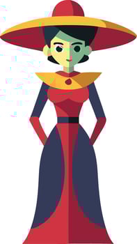 Elegant Catrina in black and red dress with sombrero, illustration of Day of the Dead figure vector