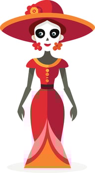 Catrina figure in red dress with sombrero, iconic Day of the Dead character illustration vector