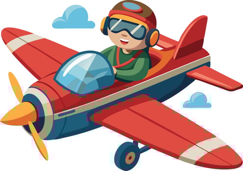 Aviator pilot flying red propeller plane, isometric aviation illustration vector