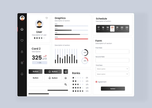 analytics dashboard user interface with diverse data visualization. Analytics dashboard user interface that includes a variety of charts and tables for efficient data management and monitoring. vector