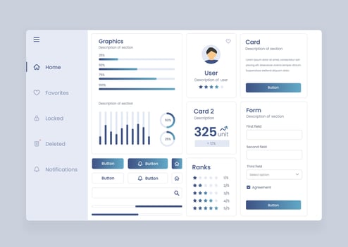 Analytics user interface dashboard. Analytics dashboard user interface that includes a variety of charts and tables for efficient data management and monitoring. vector