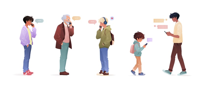 Diverse men of different ages and ethnicities using smartphone, surfing internet, chatting. Male characters, young adults and elderly man holding gadgets. isolates illustrations on white. vector