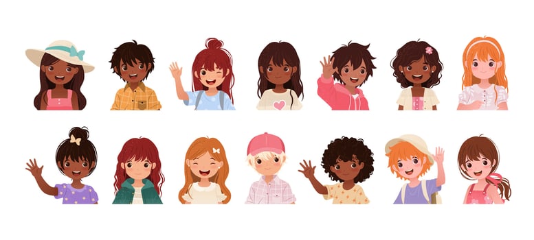Cute Children Head Portrait Set. Funny boys and girls avatars in casual clothes. Preschool and school child characters of different nationalities. Isolated cartoon illustrations on white. vector
