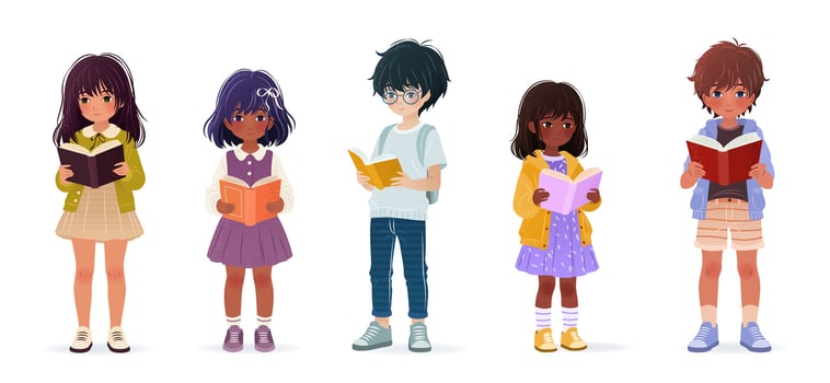 Set of cute little kids holding books in their hands and reading. Isolated illustrations on white background. Cartoon children for educational designs, book clubs, World Book Day. Clip art. vector