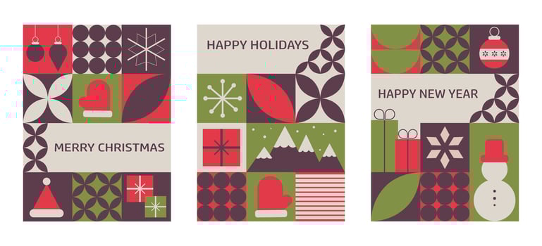 Geometric banners featuring Christmas and New Year themes with traditional winter holiday symbols vector