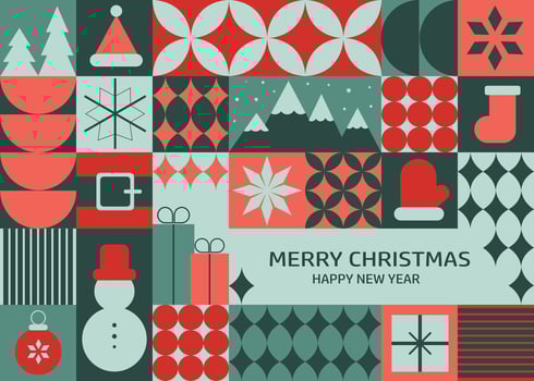 Christmas greeting card featuring festive symbols on a geometric background with simple shapes, blending creative and modern art elements. vector