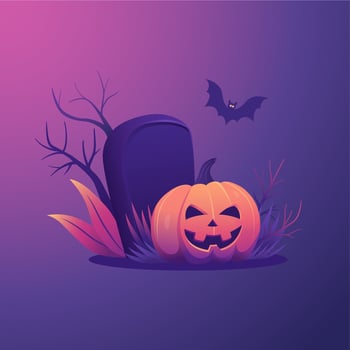 Jack o lantern under a night sky with bat, tombstone and plants vector