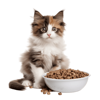 Fluffy Kitten Sitting Next To A Bowl Of Cat Food With Curious Eyes And Soft Fur png