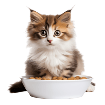 Fluffy Kitten Sitting In Front Of A White Bowl Filled With Food On Transparent Background png