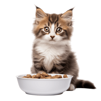 Adorable Fluffy Kitten Sitting Beside A Bowl Of Cat Food On Transparent Background png