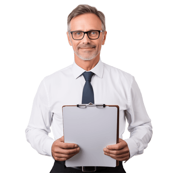 Portrait Of Mature Businessman In Formal Attire Holding A Clipboard And Smiling png