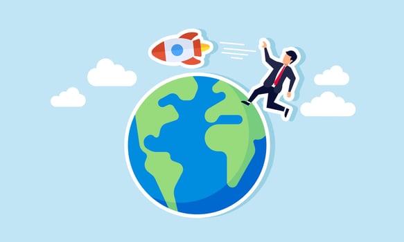 A businessman chasing a rocket soaring around the Earth, an illustration of closing the gap between conventional businesses and startups. vector