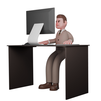 Cartoon of a Male Lawyer. A male lawyer is sitting in front of his desk with both hands on the desk, as if he is working. 3D Judicial Style png