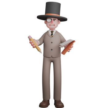 3D Model of Male Law. A male lawyer is seen standing wearing a magic hat and one-sided white glasses and his right hand is holding a pencil while his left hand is holding a long brown-coated pencil. png