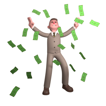 Professional Male Lawyer. A male lawyer is standing in the middle of money floating in the air with both hands raised up. 3D Legal png