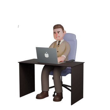 Professional 3D Male Judicial Lawyer. A male lawyer is seen sitting working on his assignment on his laptop desk. Cartoon png