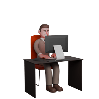 Judicial illustartive. A male lawyer is seen sitting seriously working in front of his work desk monitor. 3D Male Lawyer png