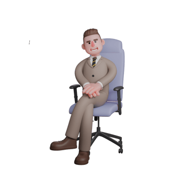 Male Professional Lawyer - 3D Character. A male lawyer is seen sitting nicely with his legs crossed and his palms resting on his thighs. Judicial png