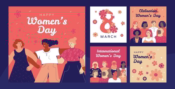 Collection of templates of posts for celebrating women's day for social networks with an image of a crowd of women, flowers, the number 8. vector