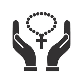 A simple but elegant illustration of two hands gently holding rosary beads in prayer, with the beads wrapping around the hands and a cross hanging down vector