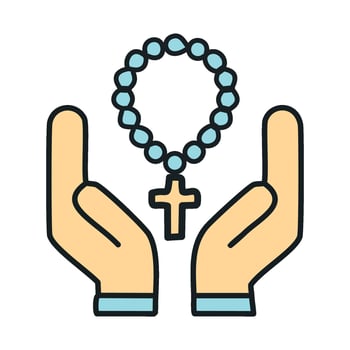A simple but elegant illustration of two hands gently holding rosary beads in prayer, with the beads wrapping around the hands and a cross hanging down vector