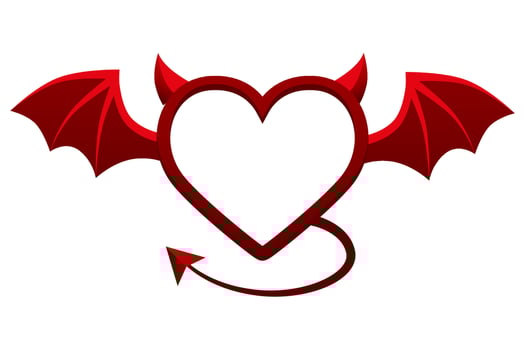 Devil red heart frame isolated on white background. Heart with tail wings and horns. Flat design, illustration for your designs, greeting cards, print, stickers or banners. vector
