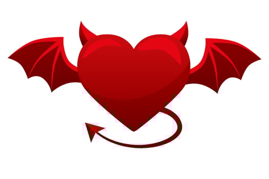 Devil red heart icon isolated on white background. Heart with tail wings and horns. Flat design, illustration for your designs, greeting cards, print, stickers or banners. vector