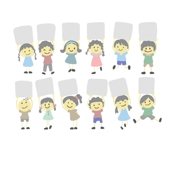 set male and female kids holding banners illustration isolated on white background vector