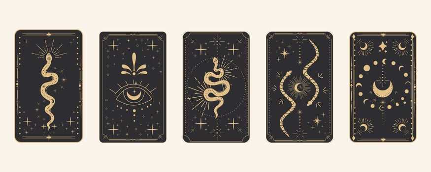 Tarot reverce border magic sacred frame gold line border celelstial mystery esoteric cover card decoration with snake stars and moon on dark background. vector