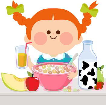 A girl is having her healthy breakfast of cereal, milk, juice, and fruits. Child eating at home in the kitchen. vector