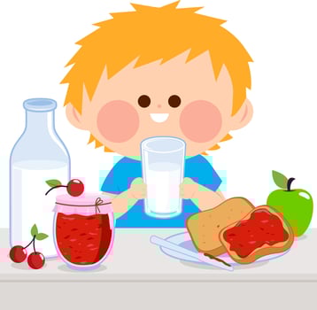 Little child having breakfast in the morning eating at home in the kitchen. A boy is having his breakfast of milk, jelly, toast, and fruits. vector
