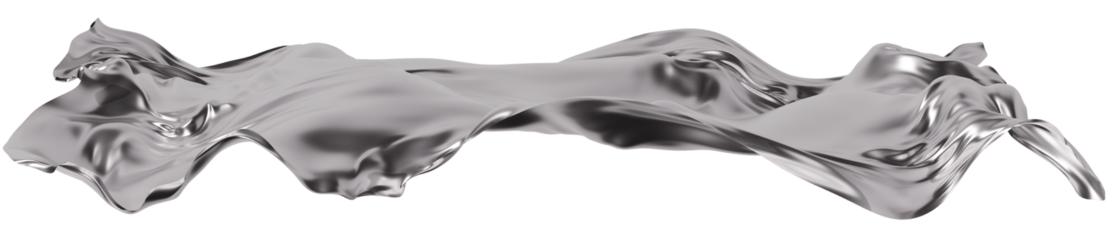 Abstract silver fabric-like material with flowing, reflective surface, on transparent background. Fluid, metallic textile. Flowing chrome. Footer or header. Y2k, 2000 s style. 3D. png