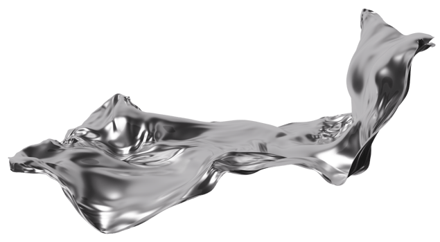 Abstract silver fabric-like material with flowing, reflective surface, on transparent background. Fluid, metallic textile. Flowing chrome. Cut out graphic design element. Y2k, 2000 s style. 3D. png