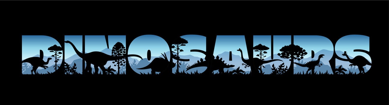 Dinosaurs jungle sunset silhouettes, Jurassic era vector