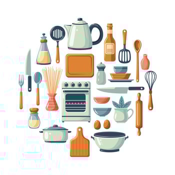 A collection of kitchen utensils and cutlery in a circle. The utensils include a knife, spoon, fork and spatula. vector