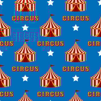 A seamless circus themed pattern featuring red and white tents, the word Circus and stars on a blue background. For carnival design, festive decoration, and children event invitation. vector