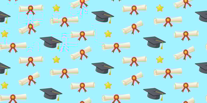 Graduation background with diplomas with red ribbons and black graduation caps with golden stars on a light blue background. For celebratory event decorations or gift wrapping for graduates. vector