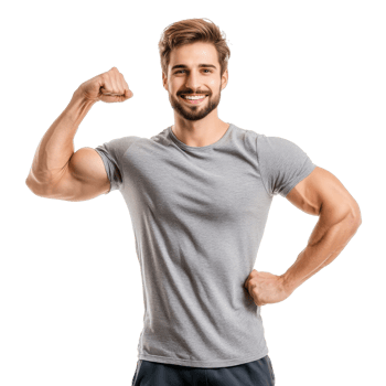 Young man flexes muscles in casual gray t shirt transparent png