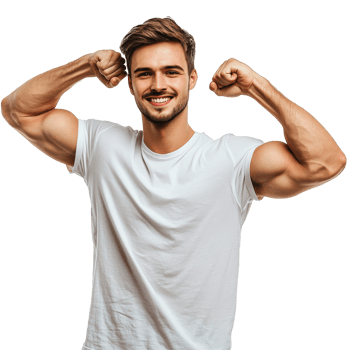 Young man flexing muscles in casual white t shirt transparent png