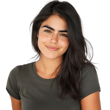 Smiling woman in plain shirt, white bg transparent png
