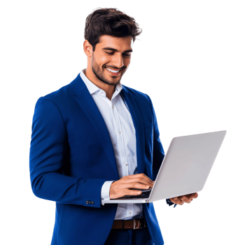 Professional man working on laptop in a blue suit transparent png