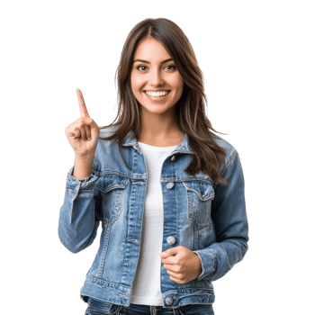Smiling woman in denim jacket pointing up transparent png