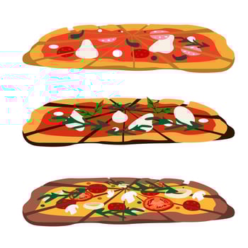 Pieces of pizza, a set of ingredients, various toppings. Pizza with mozzarella, arugula, tomatoes, mushrooms, salami, chili, parmesan, rosemary vector