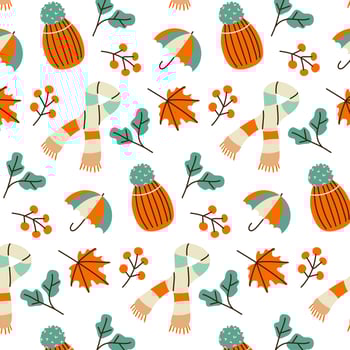 Autumn hand drawn elements seamless pattern. Fall season scrapbooking colorful icons repeat on white. vector