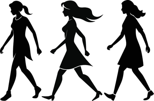 A set of a woman walking silhouette art illustration design with no background and using pure black color. vector