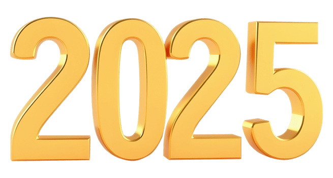 Golden 3D numbers year 2025 png