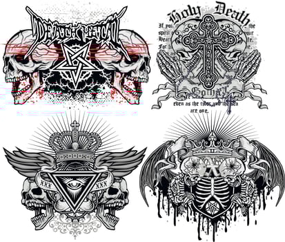 set, gothic skull with religion sign, grunge vintage design t shirts vector