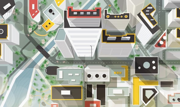 Top, aerial or bird's eye view of city with buildings of modern architecture, skyscrapers, streets, river and bridge. Beautiful urban landscape, plan. Colorful illustration in cartoon style. vector