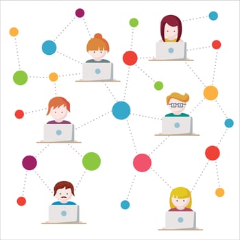 People working on laptops connected to a network vector