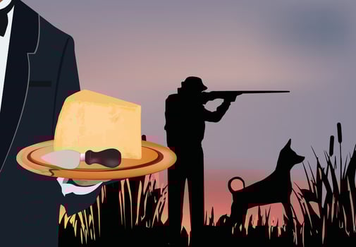 Waiter holding a tray with cheese and a hunter shooting in the background vector